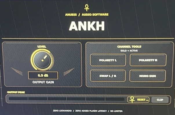 Actual ANKH plugin interface with gold gain knob and stereo controls