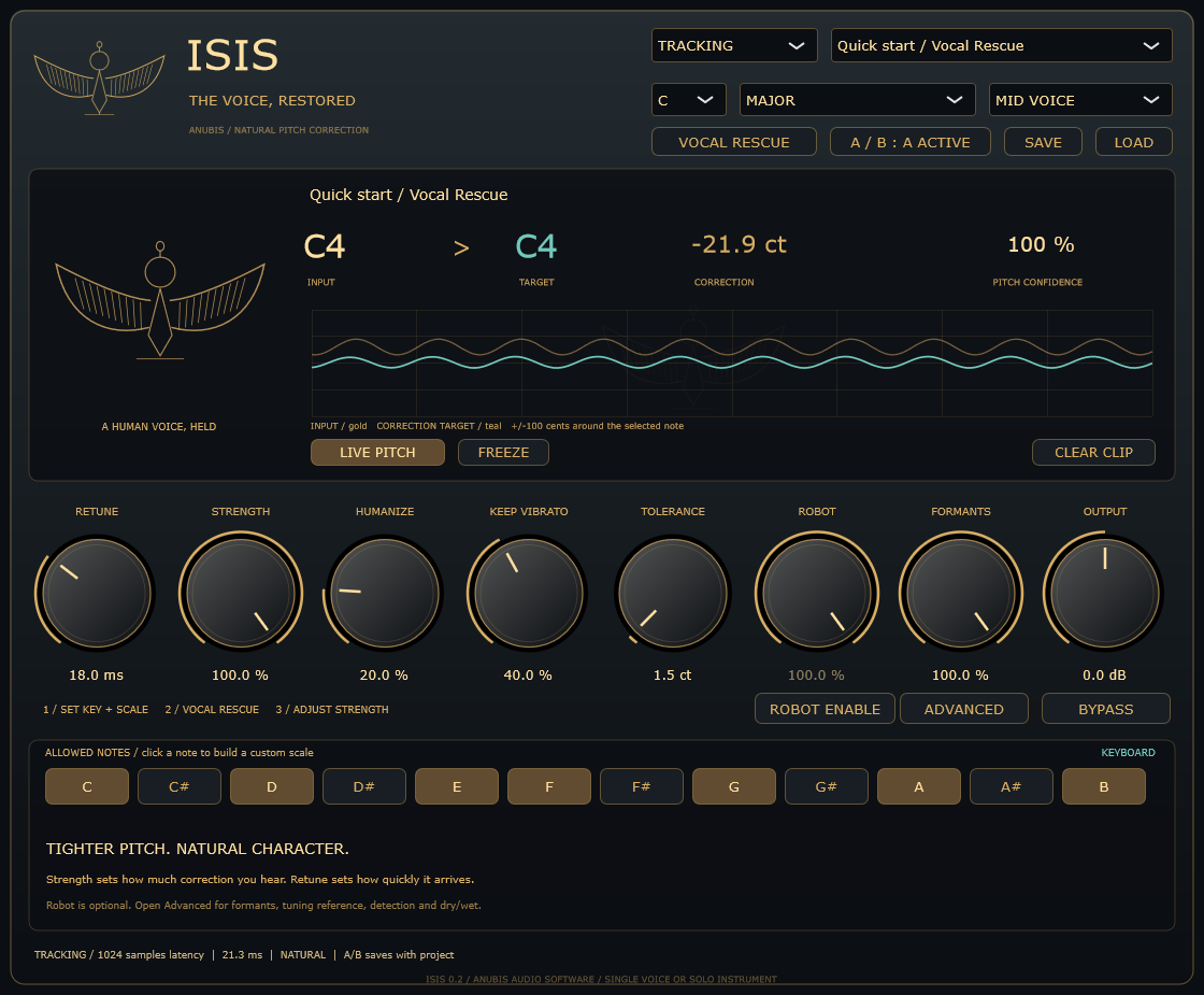 ISIS pitch correction interface with Vocal Rescue, key and scale selection, live pitch display, gold Strength and Retune knobs, and optional Robot mode.