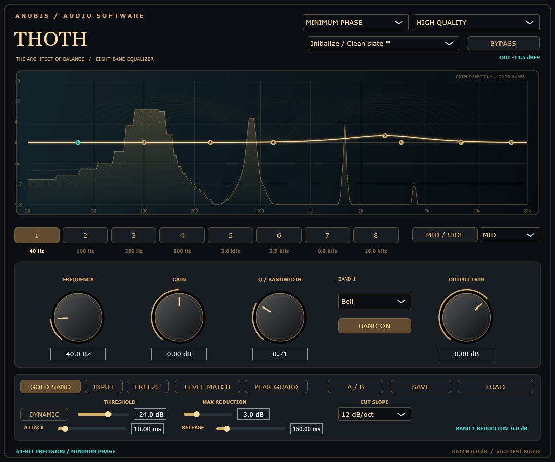 THOTH equalizer interface with a live gold-sand spectrum, eight EQ band points, rotary frequency, gain and Q controls, and mastering options.
